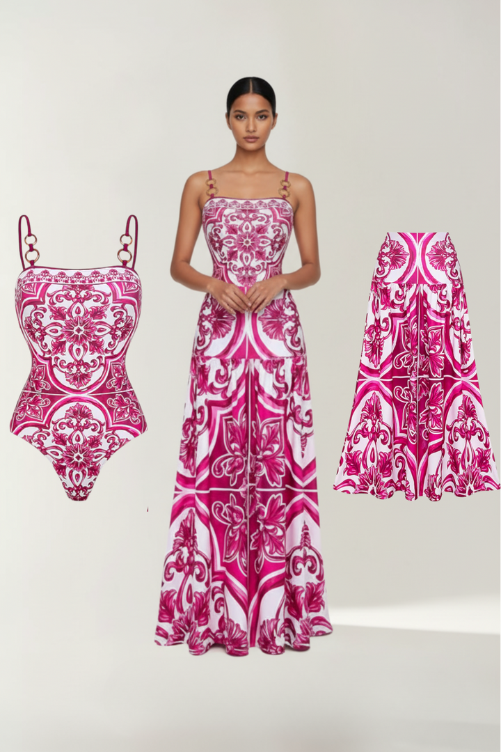 BELLA | PRINTED SWIMSUIT SET WITH STRAPPY DRESS