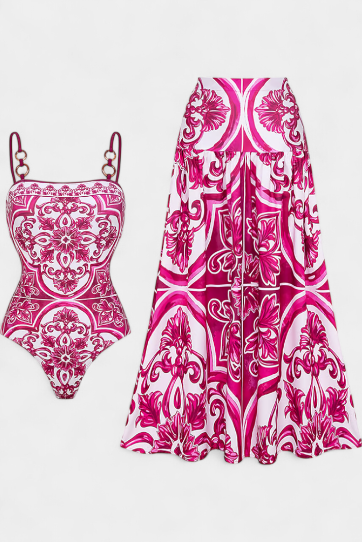 BELLA | PRINTED SWIMSUIT SET WITH STRAPPY DRESS